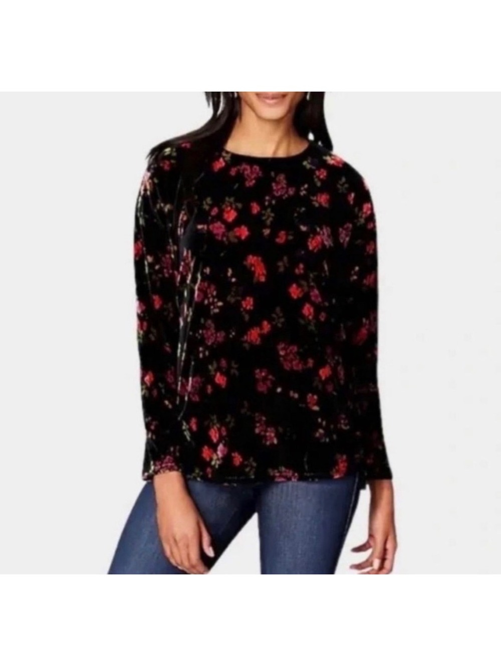J Jill Velvet Long Sleeve Blouse Top size Large Black Floral Velour Shirt Crew